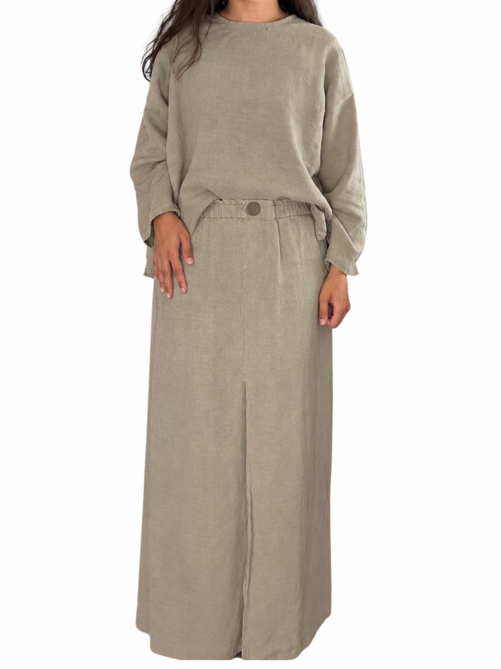 FLAX Jeanne Engelhart 100% Linen 2 Piece Top Maxi Skirt Set Beige Small
